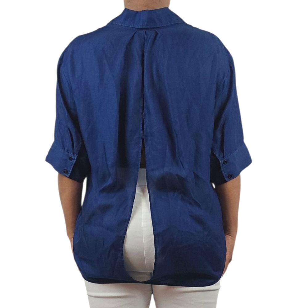Sandro Blue Boxy Buttoned Top with Slit Back